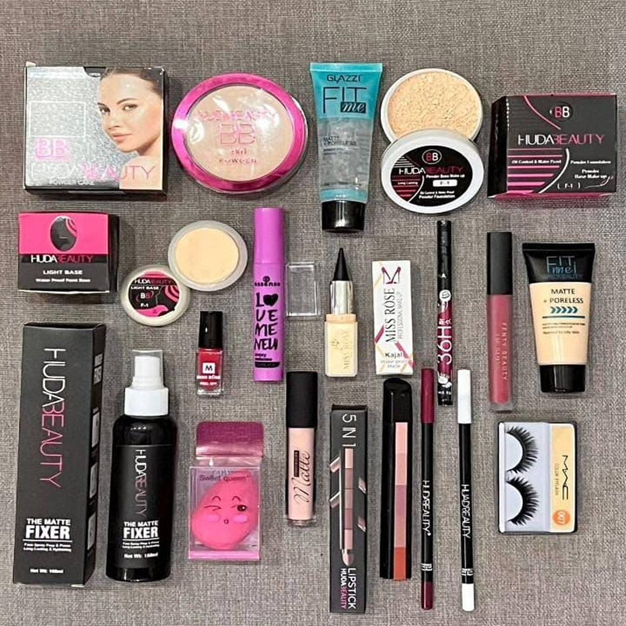 Complete Makeup Kit – Huda Beauty, Miss Rose, Glazzi, MAC & More (20+ Items)